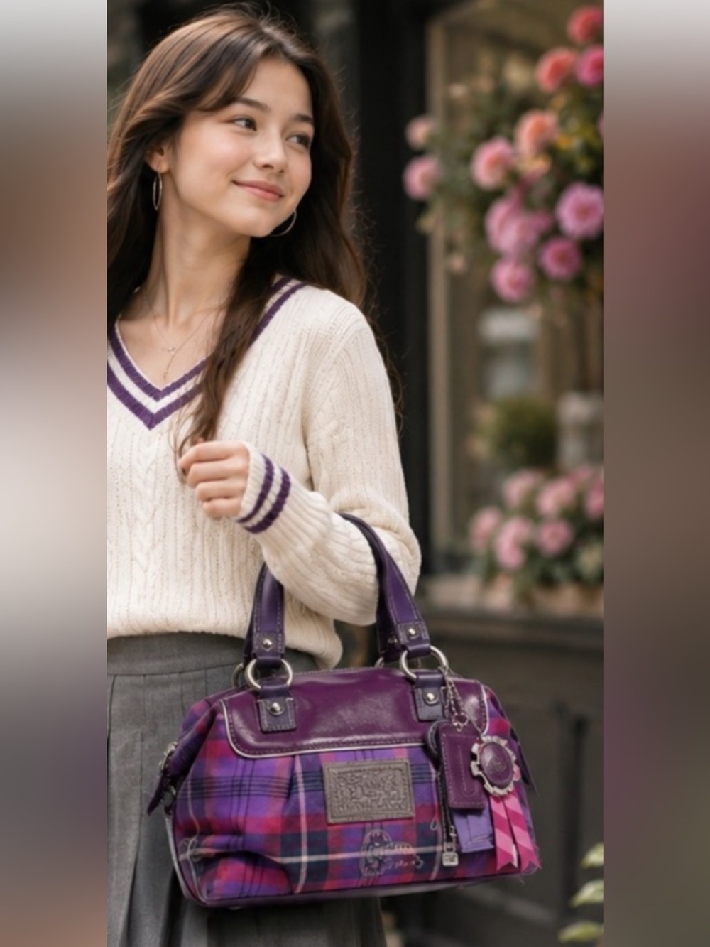 Coach Poppy Tartan Purple Plaid Satchel with Magenta Accents 4 hang tags